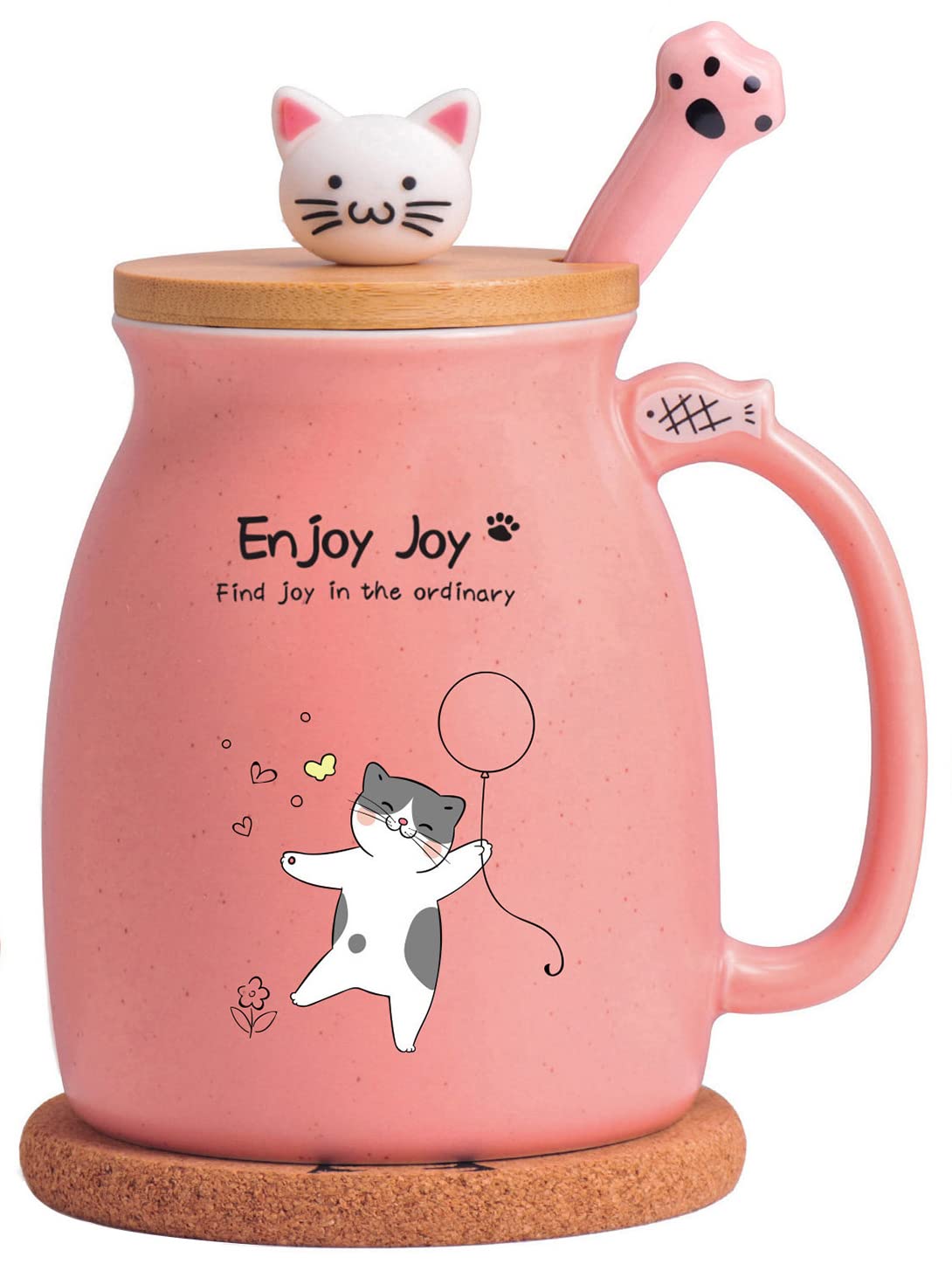 Novelty Cat Mug Cute Ceramic Coffee Cup with Kawaii Wooden Kitty Lid, Lovely Cat Claw Spoon, Anime Wooden Cat Coaster, Cat Things Pink Birthday Mug Gift for Cat Lovers Girl Kids Women 480ML (Pink)