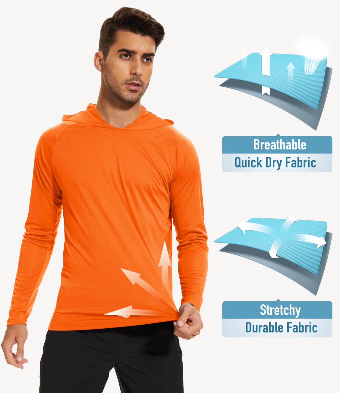 Swim Shirts for Men Sun Shirts UV Protection Hooded Fishing Shirts Long Sleeve T-Shirt Active Athletic Summer Shirts Rash Guards Orange