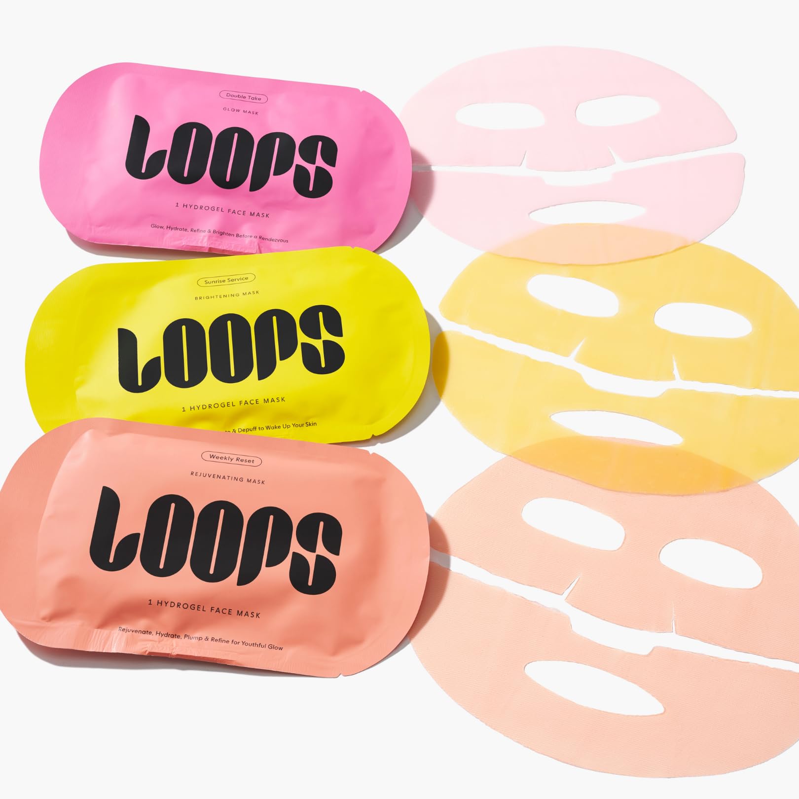 LOOPS Glow Gang Mask Set – Weekly Reset for Rejuvenation, Double Take for Energized Skin, Sunrise Service for – Hydrating and Pore Refining – Safe for Sensitive Skin - Hydrogel Face Masks - 3pc