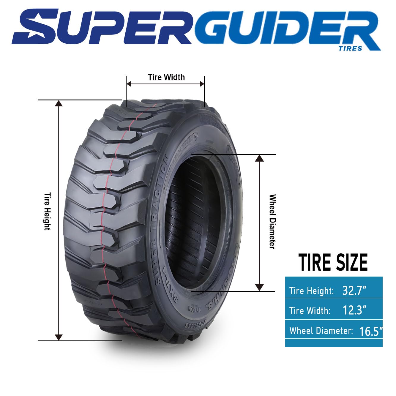 Set 4 New Super Guider Heavy Duty 12-16.5 12x16.5/12 Ply Industrial Skid Steer Tire w/Rim Guard