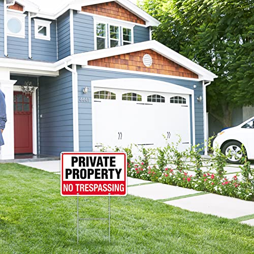 T&R No Trespassing Sign Private Property Sign with H Stake for Outside,1 Pack,12"x8" .040 Rust Free Heavy Aluminum, Waterproof,Includes Matching Screws & Wrench, Easy to Mount