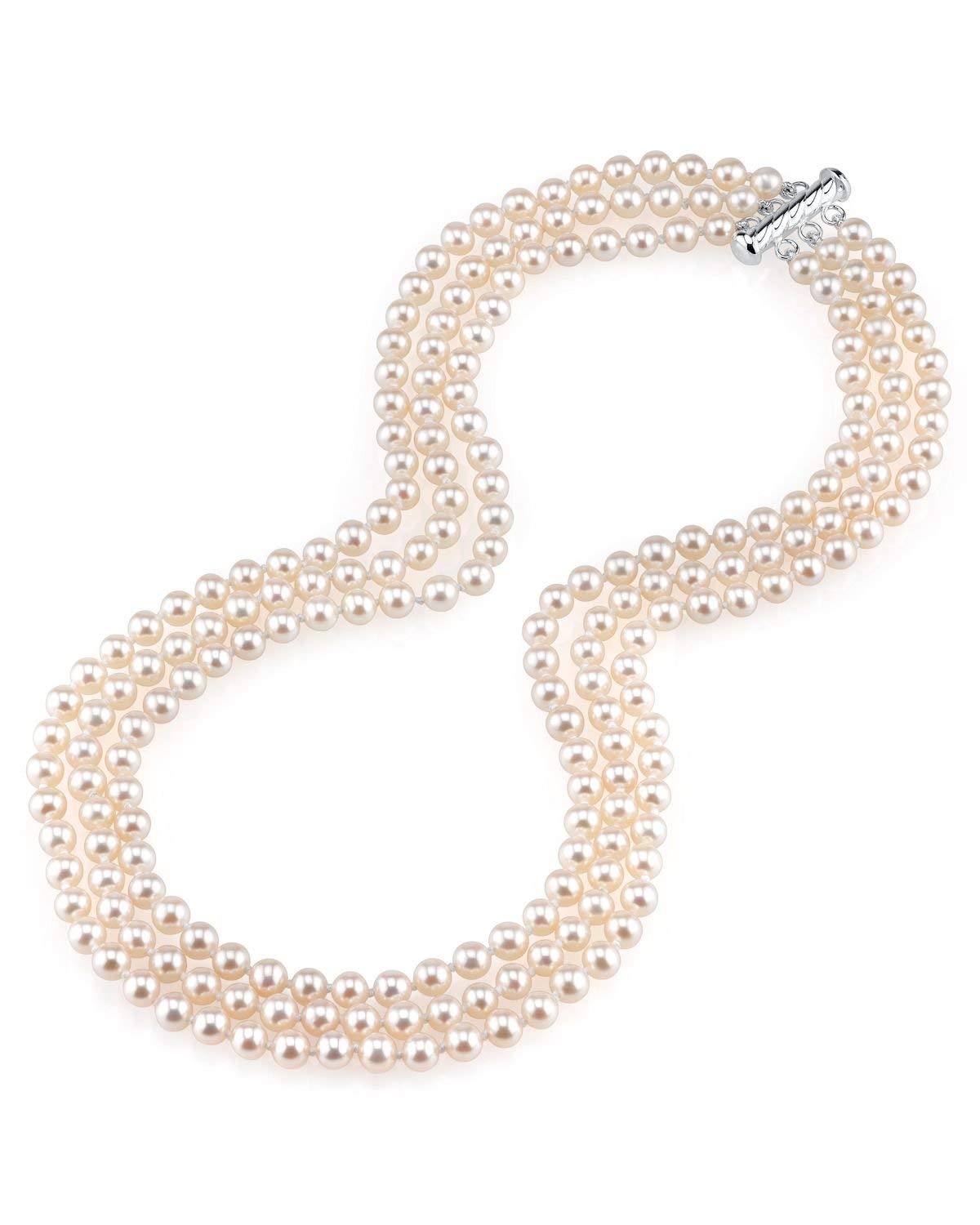 The Pearl Source White Freshwater Triple Strand Pearl Necklace for Women - 6.0-6.5mm 18-19-20" Matinee Length AAAA Quality with Sterling Silver