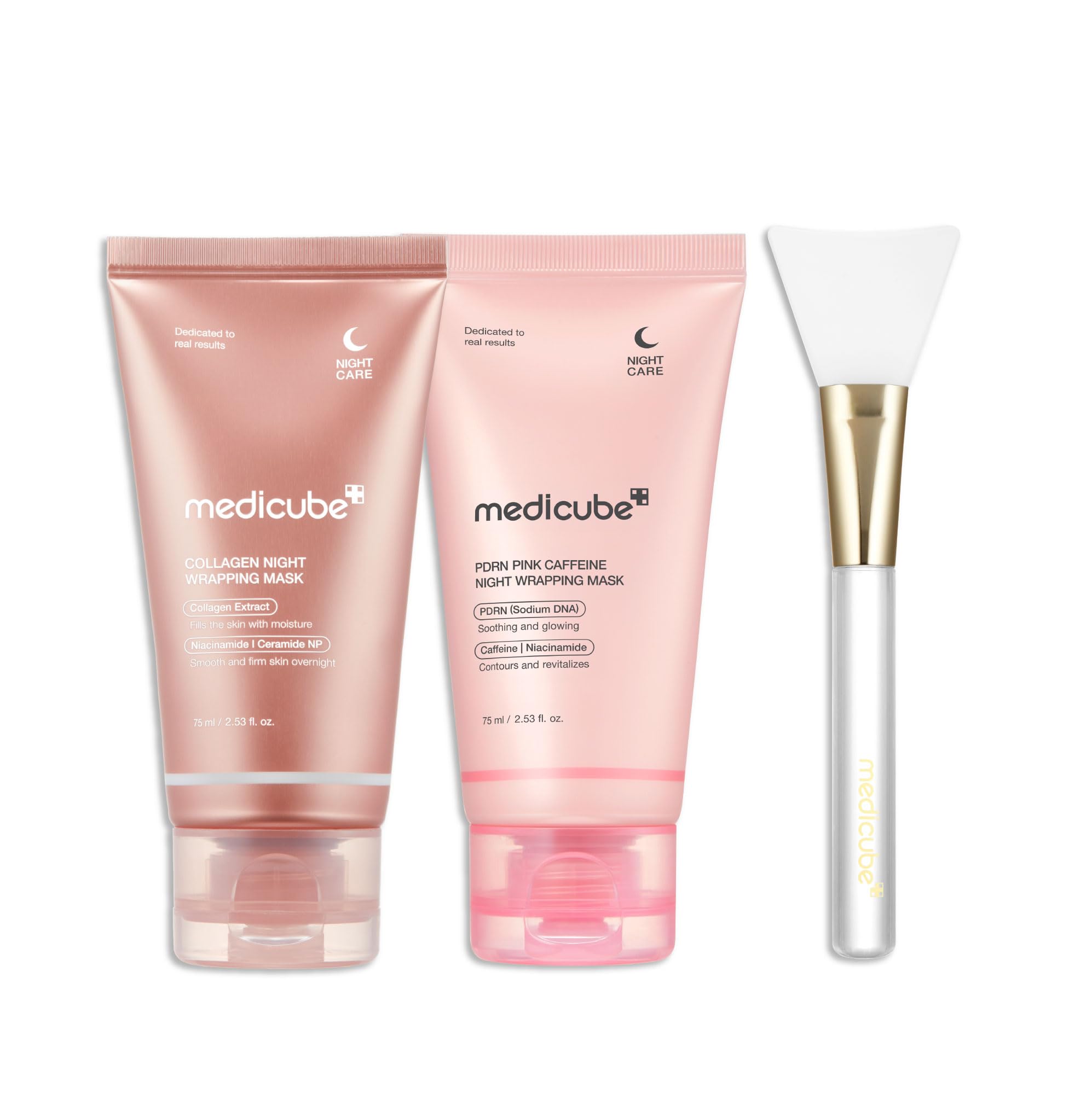 medicube Pink Glow Wrapping Mask Duo: Collagen Overnight Wrapping Peel Off Facial Mask Pack and PDRN Caffeine Overnight Wrapping Peel Off Facial Mask and brush