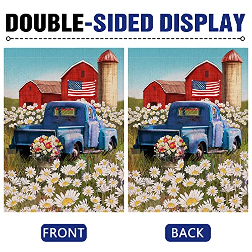 Dyrenson 4th of July Patriotic Welcome Memorial Day Garden Flag Double Sided, Rustic Farm Old Red Truck House Yard Flag, Daisy Garden Yard Flower Decorations, USA Outdoor Flag 12.5 x 18 Gift