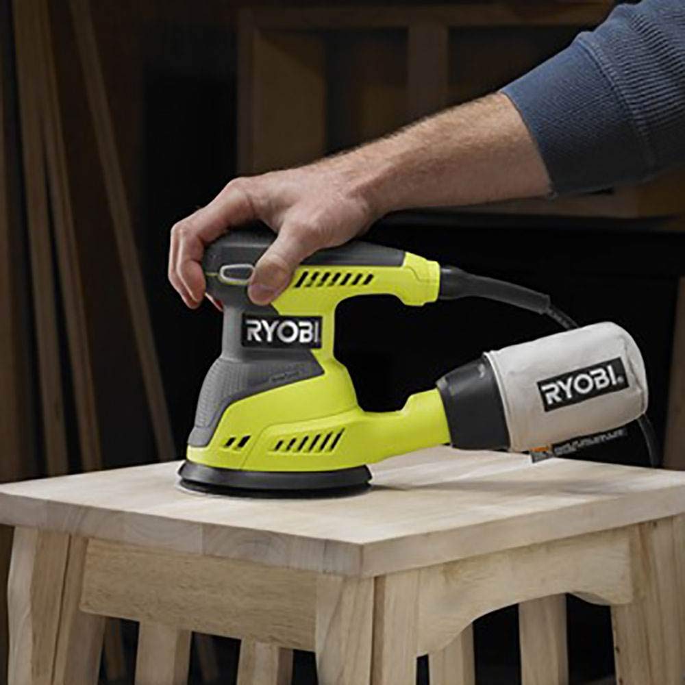 Ryobi RS290G 2.6 Amp 12,500 OPM Single Speed 5 Inch Hook and Loop Corded Random Orbit Sander w/ 3 Pads and Dust Bag