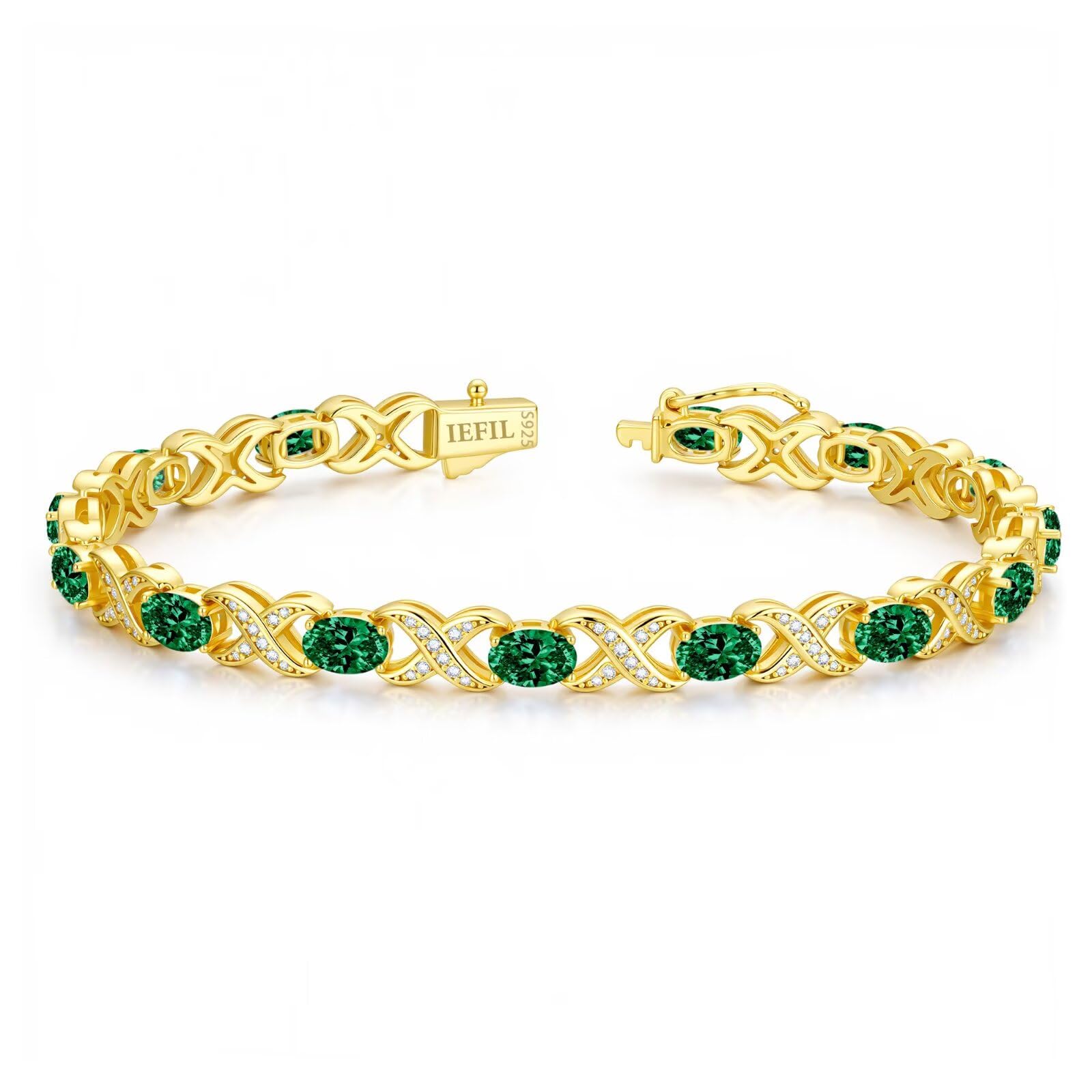 Iefil Mothers Day Gifts for Mom - May Simulated Emerald Bracelet Gold Plated 925 Sterling Silver Tennis Bracelets Unique X O Design Anniversary Birthday Gifts for Wife Girlfriend 7"
