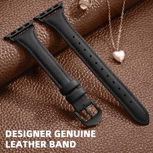 DaQin Slim Leather Band Compatible with Apple Watch Bands for Women 40mm 38mm 41mm, Top Grain Genuine Leather Strap Thin Replacement Wristband for Apple Watch Series 9 8 7 6 5 4 3 2 1 SE Ultra, Black