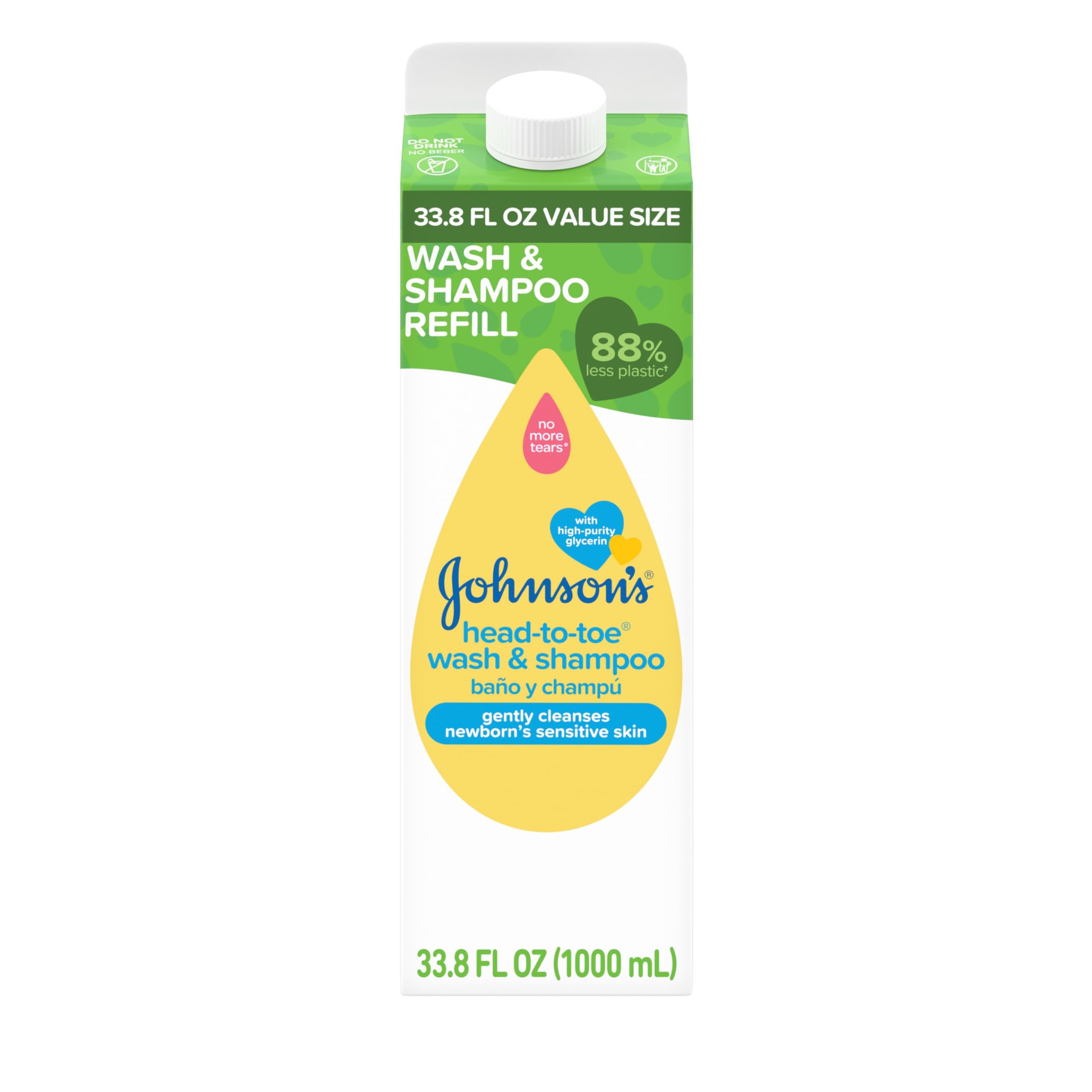 Johnson's Head-To-Toe Gentle Baby Body & Hair Wash, Tear-Free, Sulfate-Free & Hypoallergenic for Sensitive Skin, Value Size Refill, 33.8 fl. oz