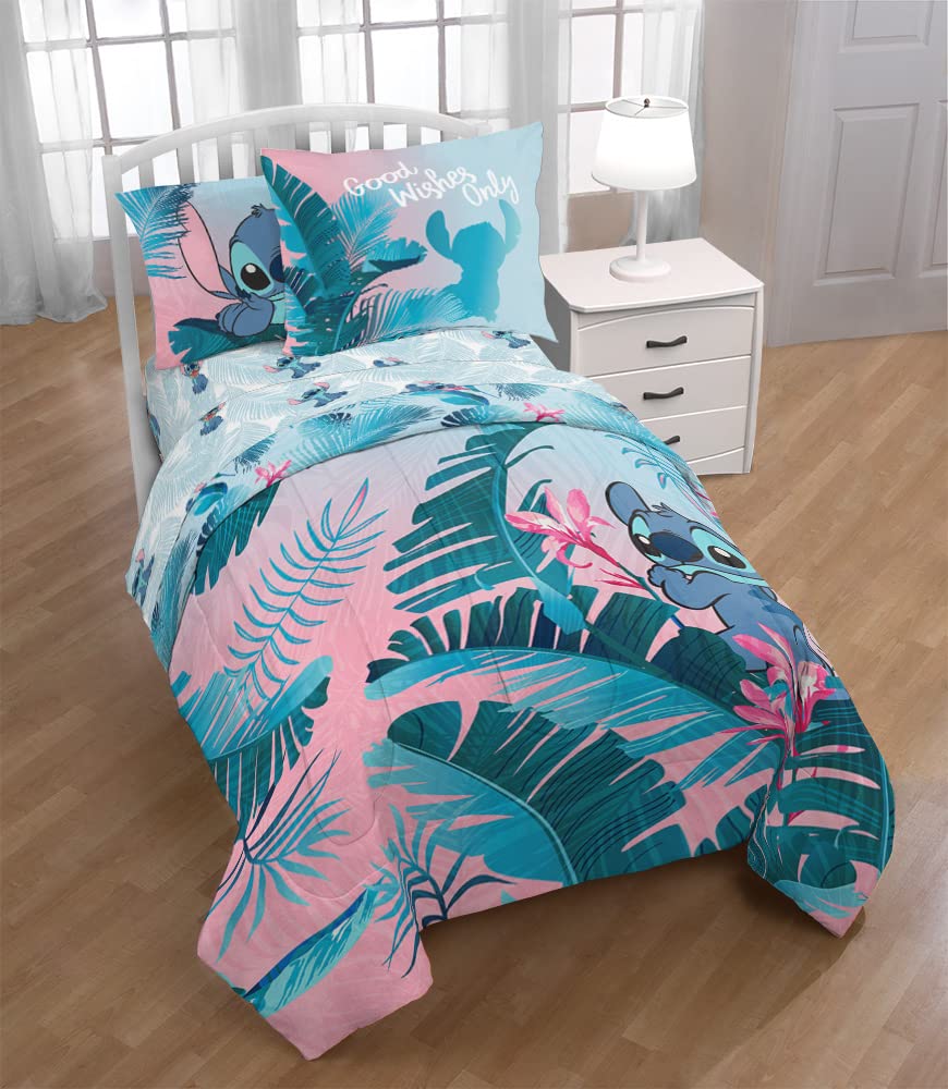 Jay Franco Disney Lilo & Stitch Floral Fun 7 Piece Full Bed Set - Includes Reversible Comforter & Sheet Set Bedding - Super Soft Fade Resistant Microfiber - (Official Disney Product)
