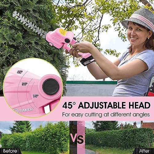 Saker Cordless Hedge Trimmer-20V Electric Shrub Trimmer Grass Shears Handheld Grass Cutter, Hedge Shear with 1 PCS Rechargeable Battery and Charger for Garden, Lawn(Pink)