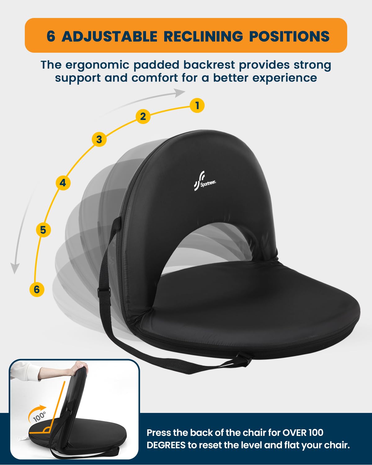 Sportneer Stadium Seats with Back Support: Extra Wide Stadium Seats for Bleachers with Shoulder Strap 2 Pack - Portable Round Bleacher Seats with 6 Reclining Positions for Camping, Sport, Event