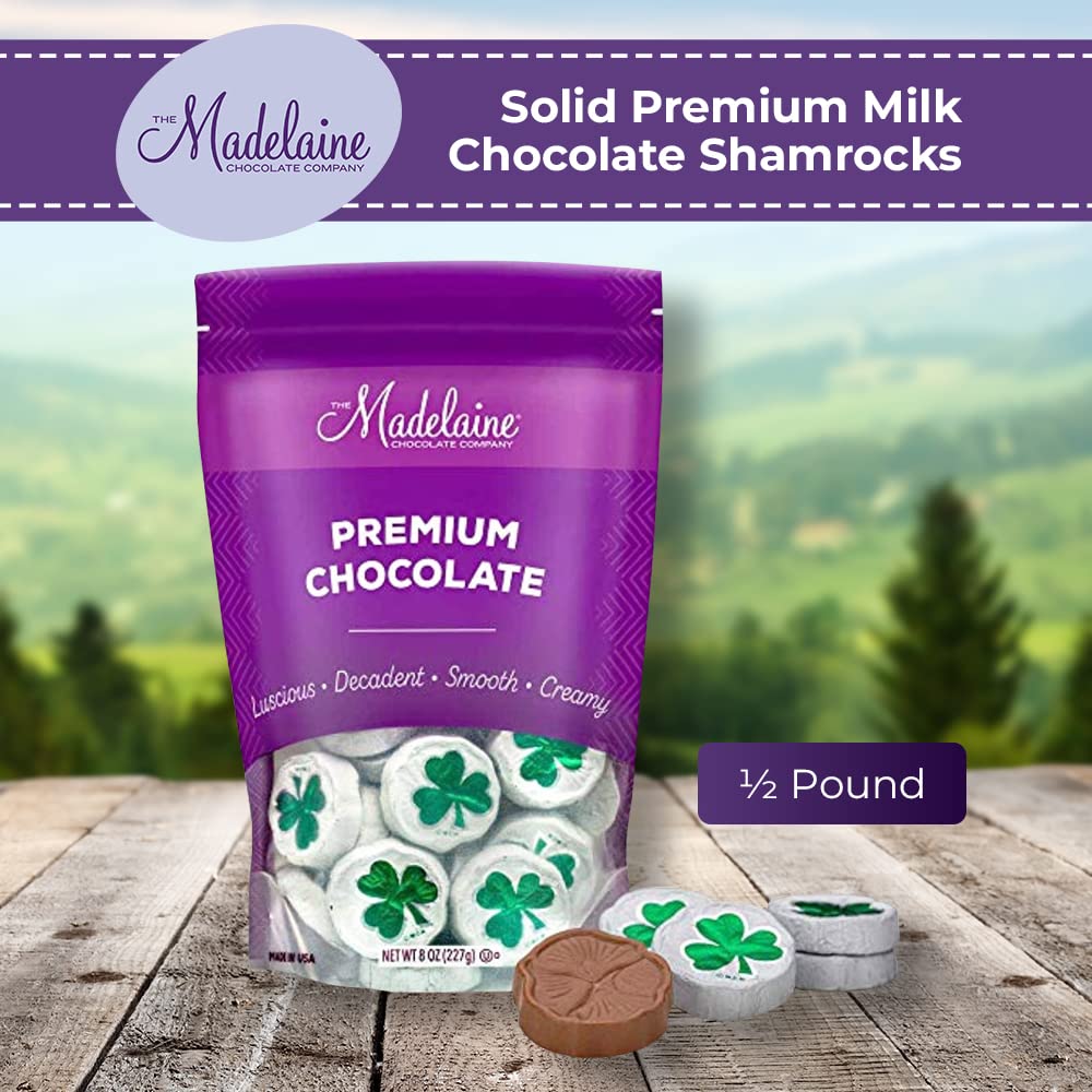 Madelaine St. Patrick's Day Solid Premium Milk Chocolate Shamrocks - ½ LB Bag Individually Wrapped Chocolate Pieces in Matte White Foil with Green Shamrock - St. Patrick's Day Treats for Everyone
