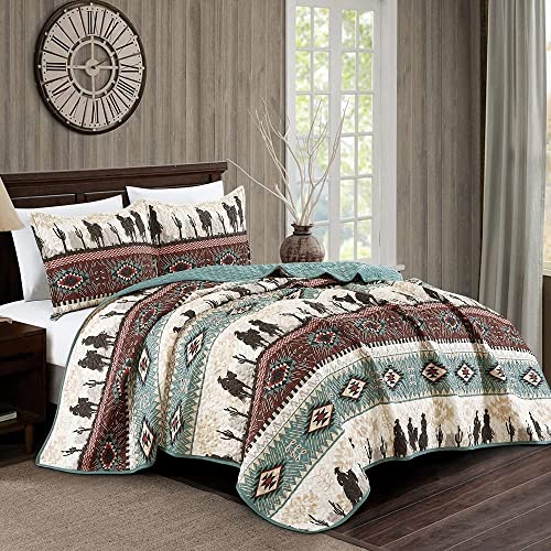 Jaba/WPM Western Teal/Beige/Burgundy Cowboy Desert Southwestern Print Bedspread 3 Piece west Theme Cabin Lodge Ranch Design Coverlet Quilt Set-Kadence 22366 (Queen), Teal, Beige, Taupe Burgundy