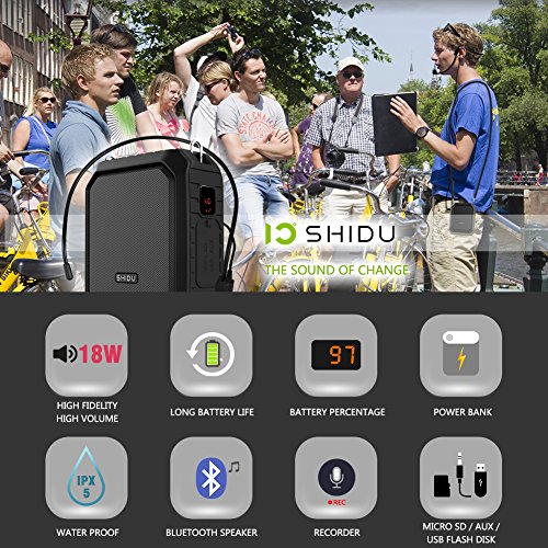 SHIDU Voice Amplifier,18W Portable Megaphone PA Systems Speaker with Wired Mic Headset, IPX5 Waterproof & 4400mAh Rechargeable Battery for Teacher, Tour Guide, Training