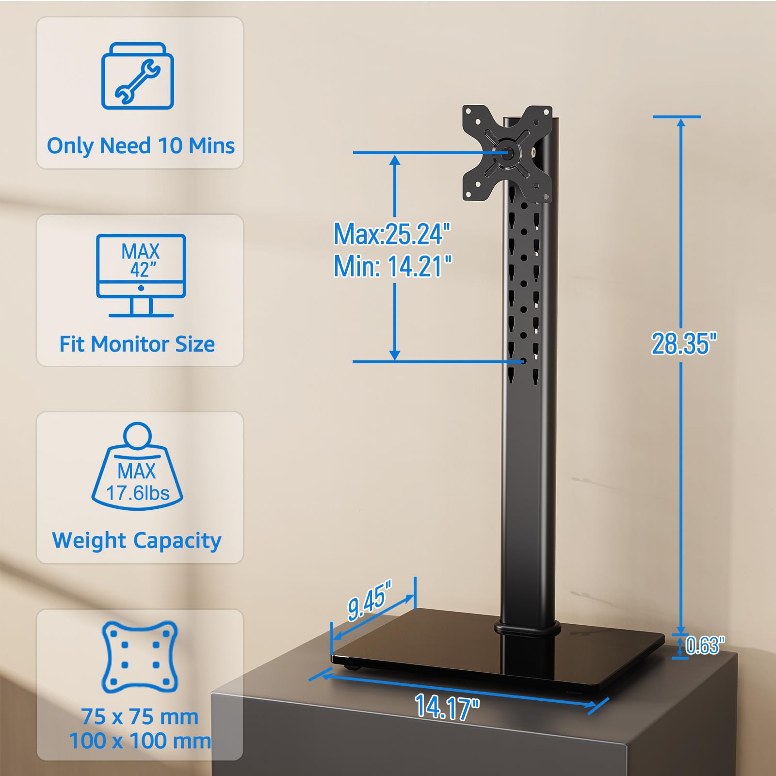 MOUNTUP Vertical Monitor Stand for Max 42 inch 26.4 lbs Computer Screen, Freestanding Single Ultrawide Monitor Mount for Desk, 28.35" Height Adjustable, Rotate VESA Mount, Strong Tempered Glass Base