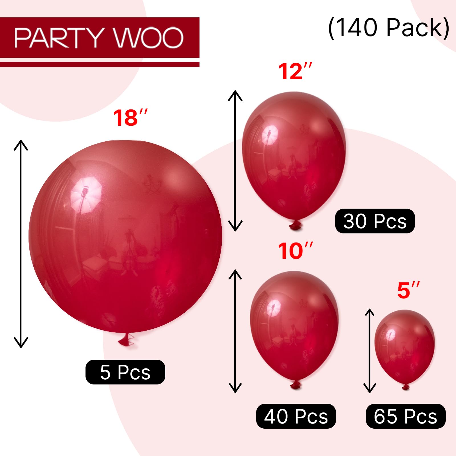 PartyWoo Maroon Balloons 140 pcs Different Sizes of 18 12 10 5 Inch Dark Red Burgundy Ruby Red Balloon Arch Kit Garland for Graduation Valentine's Day Wedding Anniversary Party Decorations Red-Y75