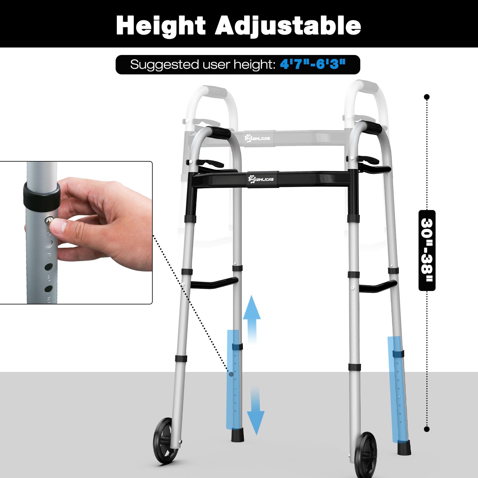 Whlicks Narrow Folding Walkers for Seniors,Aluminum Lightweight Walkers with Wheels, Adjustable Width and Height Front Wheel Walker for Elderly and Disabled, Supports up to 350 lbs