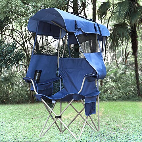 Huskfirm Camping Chair with Canopy Shade,Portable Folding Chair with UPF 50+ Sun Shade,Cup Holder,Side Pocket,Soccer Chair Adults for Camp,Beach,Outdoor Sports-Support 330 LBS Blue