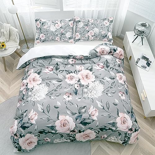 TOPTREE Rose Floral Duvet Cover Full - Aesthetic Garden Pink Floral Bedding Set Modern Trendy Flower Bed Set with Botanical Leaf for Women Aldult(Grey, Full)