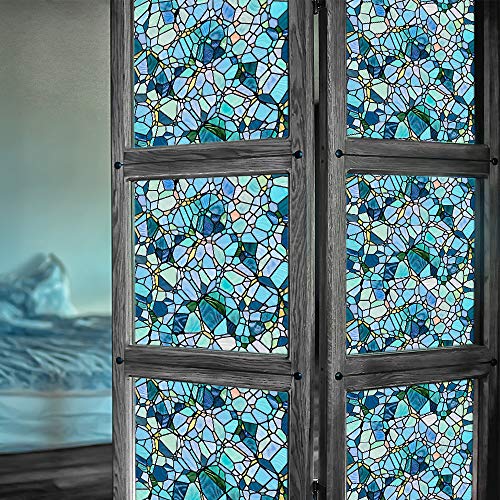 funlife Stained Glass Window Film, Double-Sided Thickened Static Cling Window Films, Non-Adhesive Glass Window Decals Decor for Door Window, 17.7"x118", Blue Cobblestones