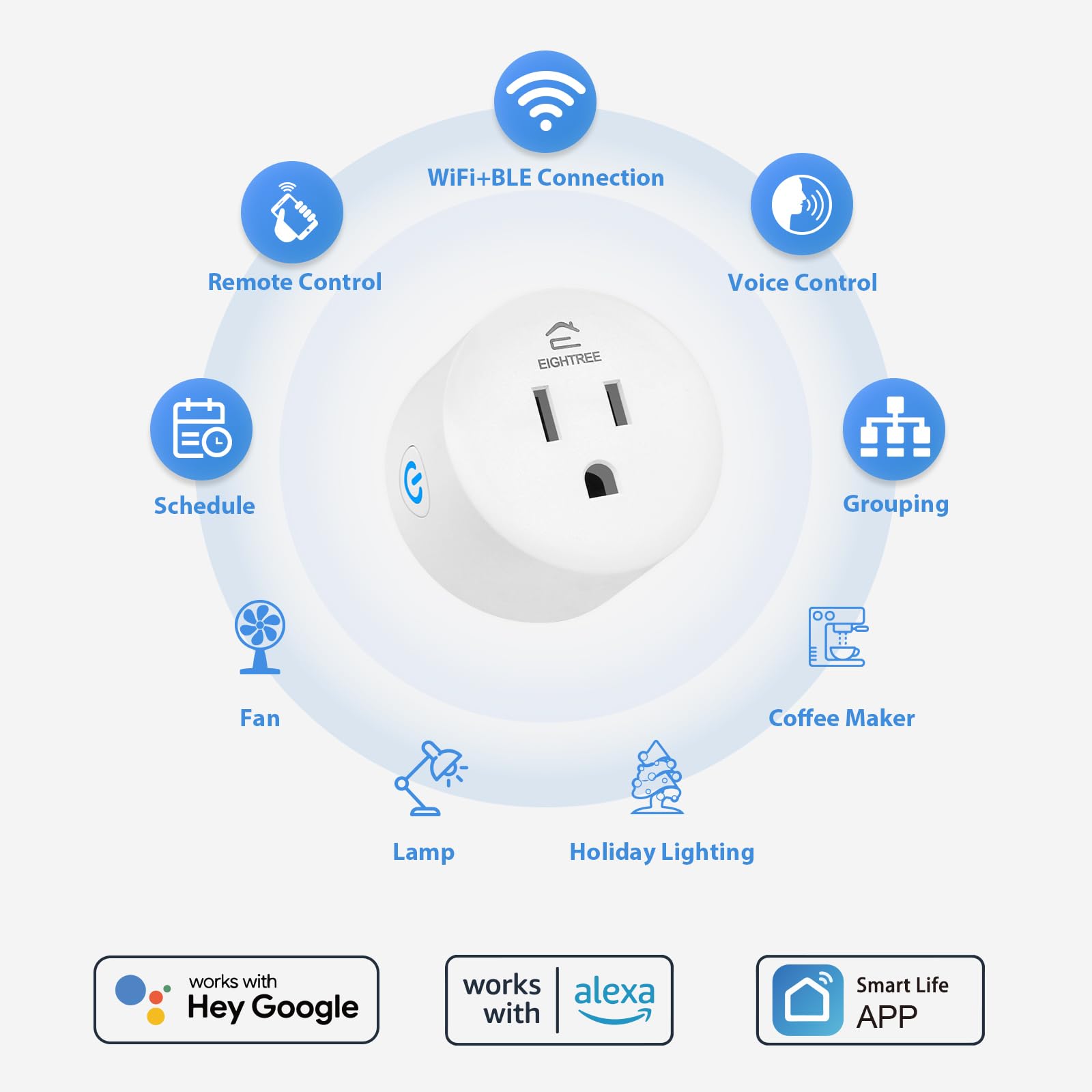 EIGHTREE Smart Plug, Smart Home WiFi Outlet Compatible with Alexa & Google Home, Smart Socket with Remote Control & Timer Function, 2.4GHz WiFi Only