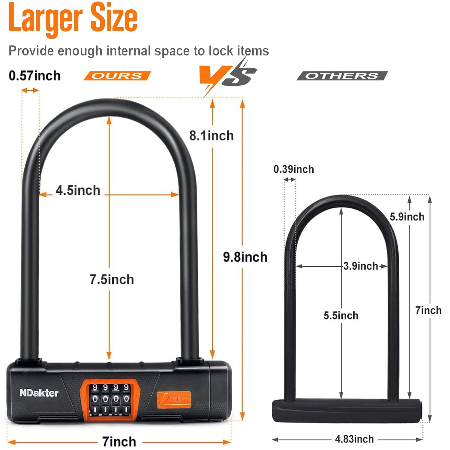 NDakter Bike Locks Heavy Duty Anti Theft, Combo Bike U Lock, 4-Digit Resettable Combination Bicycle Lock, Large U Shaped Ebike Lock with 5Ft Steel Cable for Electric Bike, Escooter, Motorcycle,Door