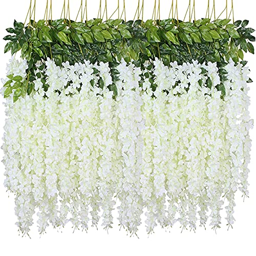 WEISPARK Fake Hanging Flowers - 12 Pieces 3.75 Feet/Piece Artificial Wisteria Vine Ratta Hanging Garland Silk Flowers for Home Party Wedding Decor (Pink)