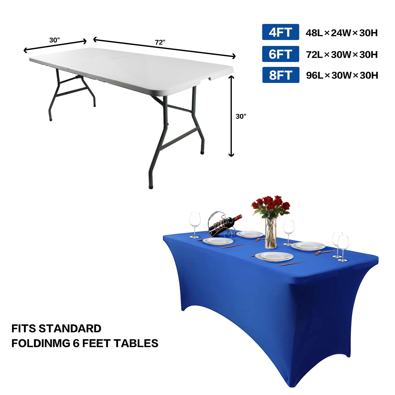 Hussome 4FT Table Cloth for Rectangular Tablecloth Royal Blue Stretch Fitted Table Cover Spandex Tablecloths Table Protector for Event, Cocktail, Wedding, Banquet or Parties