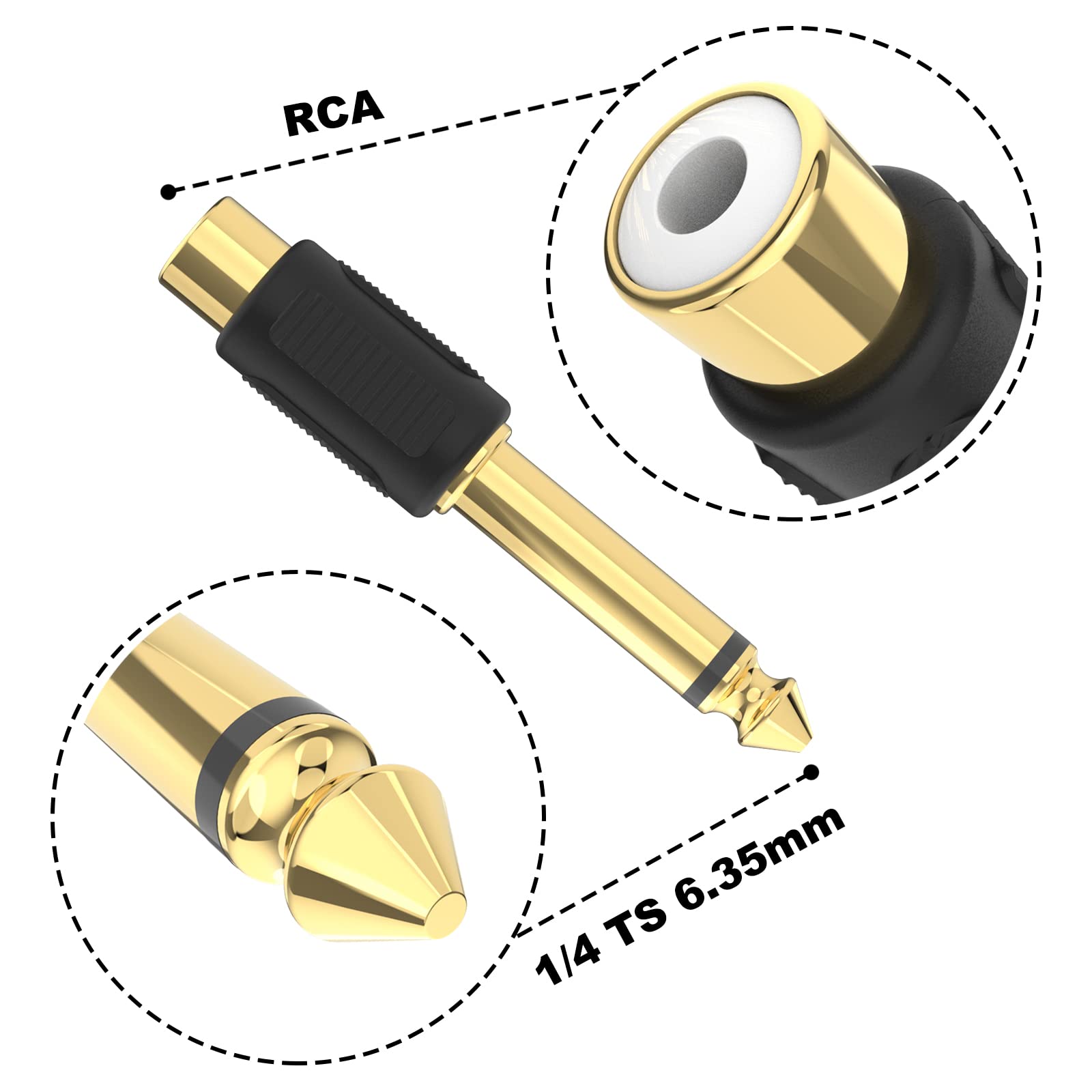VCE RCA to 1/4" Audio Adapter, 6.35mm Mono Plug Male to RCA Female Connectors 6-Pack