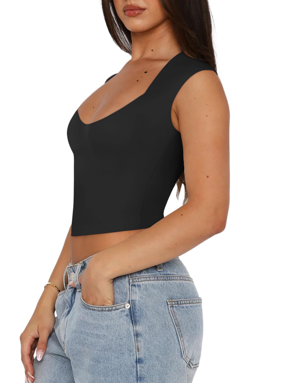 REORIA Women's Summer Sexy Casual V Neck Double Lined Seamless Sleeveless Slimming Going Out Trendy Basic Crop Tank Top Tees Black Medium