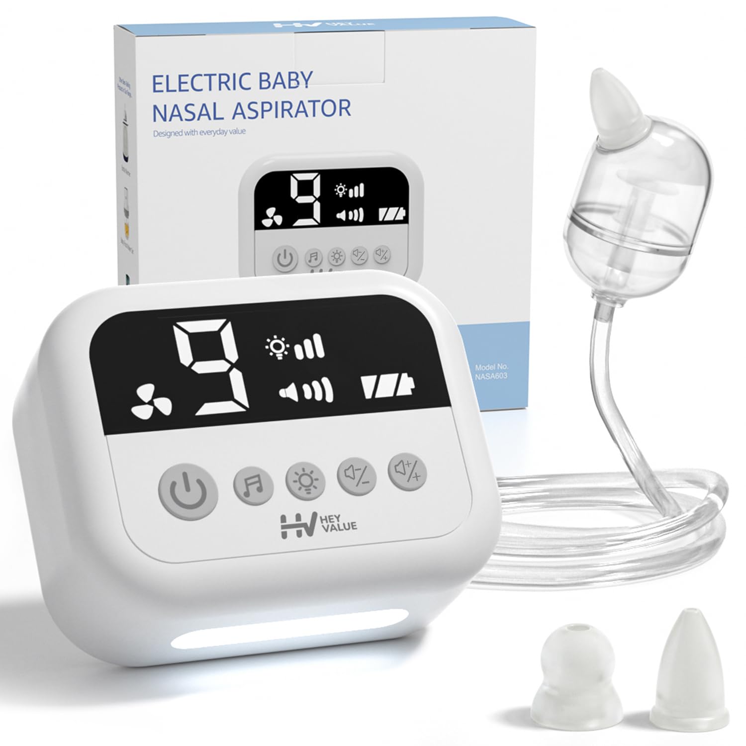 HEYVALUE Nasal Aspirator for Baby, Hospital Grade Nose Sucker with 9 Levels Suction, Night Light and Nursery Rhyme Soothing Function, Electric Nose Suction for Baby with Food-grade Silicone Tips