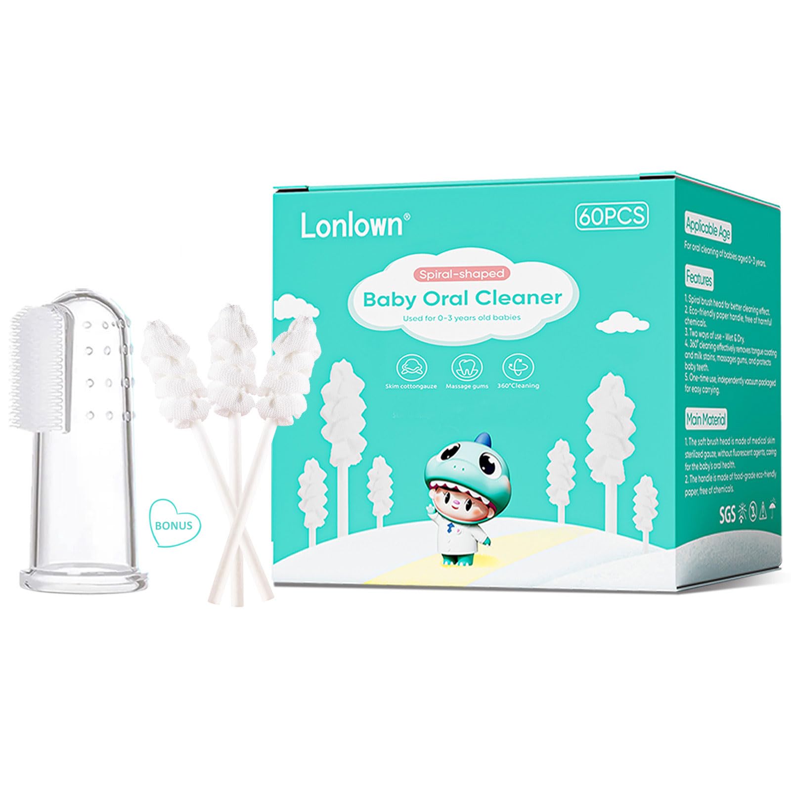 Lonlown 60PCS Baby Tongue Cleaner & 1PCS Finger Toothbrush Infant Mouth Cleaner Newborn Gum Cleaner Disposable Infant Oral Clean Stick Dental Care for 0-36 Month Baby