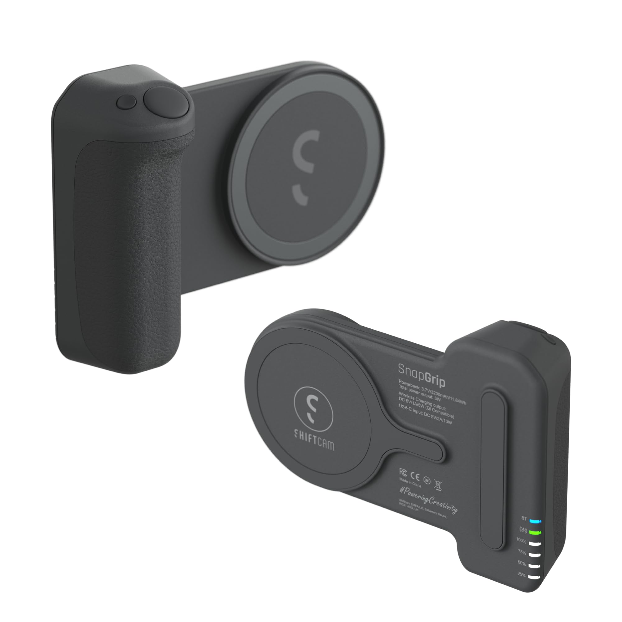 ShiftCam SnapGrip - Mobile Phone Camera Grip with Wireless Shutter Button - Magnetic Mount Snaps on to Any Phone - Built in Powerbank with Qi Wireless Charging - Tabletop Dock | Midnight