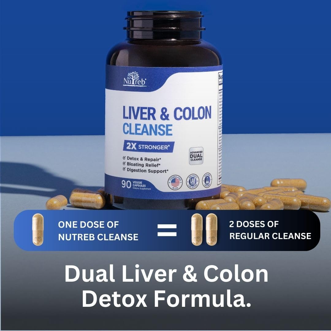 Nutreb Liver Detox & Colon Cleanse - 2X Stronger Cleanse - Liver Cleanse Detox & Repair - Colon Cleanser & Detox - Premium Liver Support Supplement - Men & Women - Vegan 90 Capsules