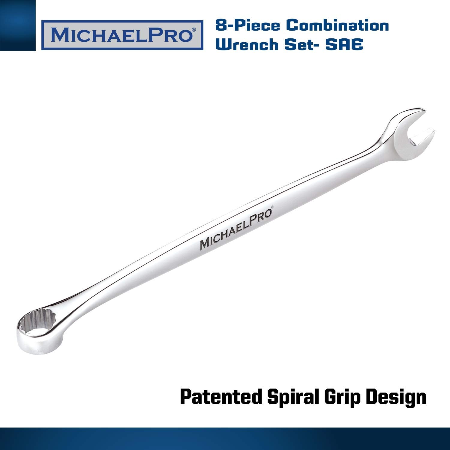 MichaelPro MP001014 8-piece SAE Combination Wrench Tool Set, Patented Spiral Grip Design Spanner Set, 15 Degree Offset Wrench Set at Open End, SAE Wrench Set for Mechanic