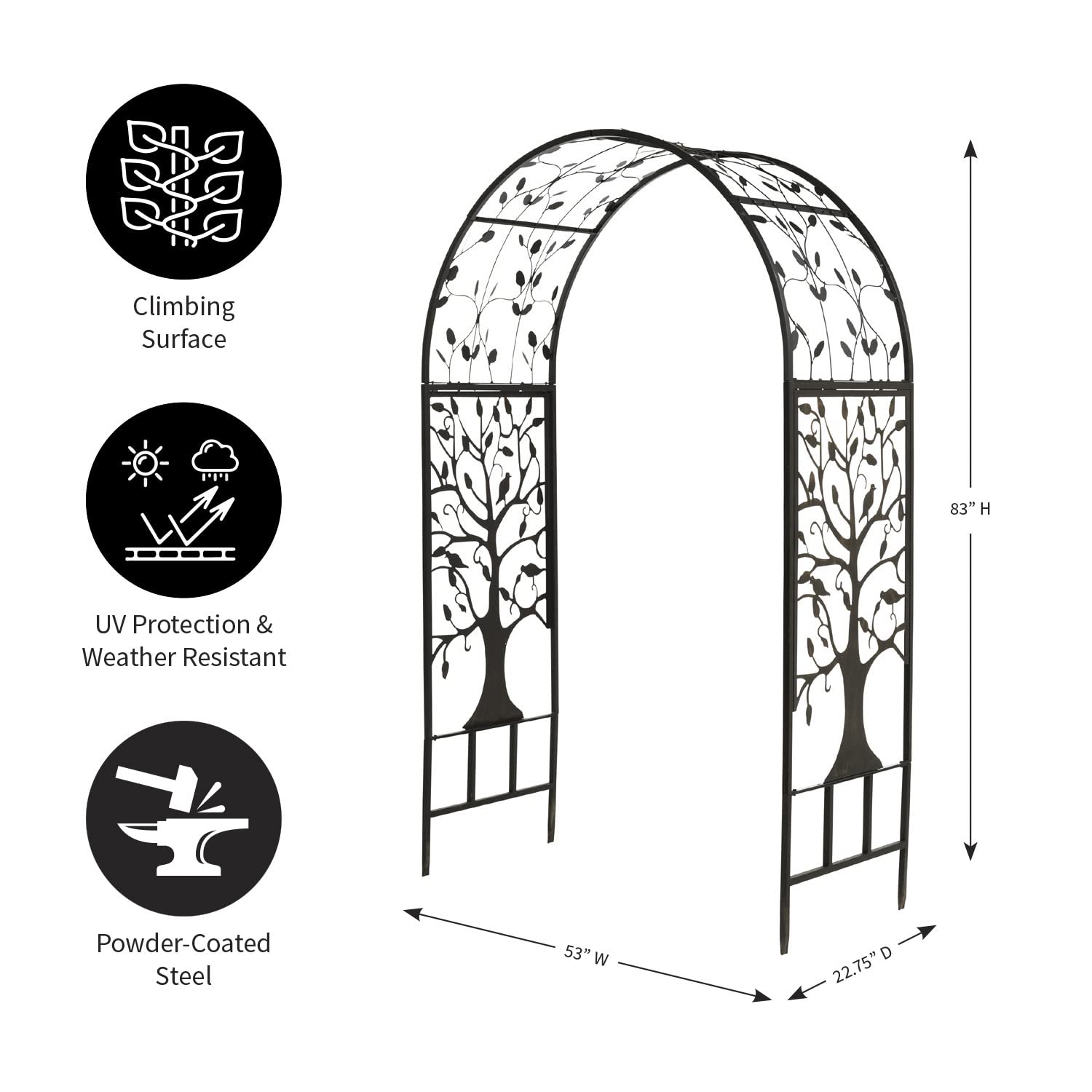 Plow & Hearth Arch Metal Outdoor Garden Arbor | Tree of Life | 7 Feet Tall | Black | Trellis Lattice for Plants | Wedding | Outdoor Patio Décor