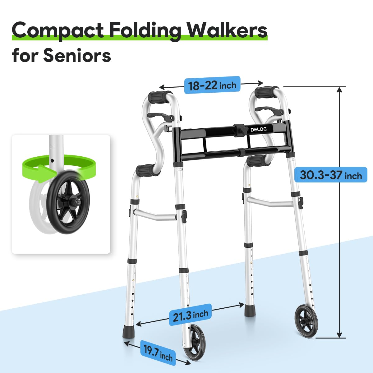 Delog Narrow Folding Walker for Seniors, 3 in 1 Folding Walker with 5” Front Wheels Width Adjustable Compact Standard Walker Support Up to 350lbs (Black)