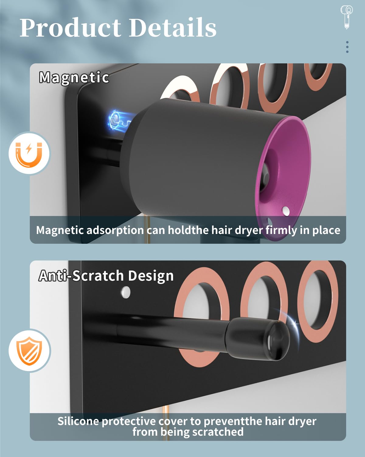 6-in-1 Magnetic Wall Mount for Dyson Supersonic Hair Dryers (HD15, HD08 and Previous Models), with 5 Magnetic Rings for The Accessories (Black)