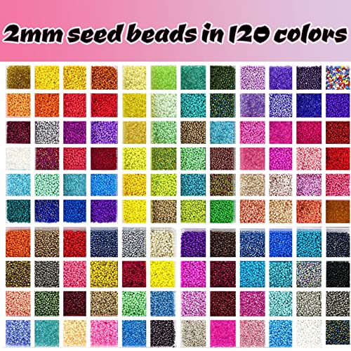 54000pcs Glass Seed Beads for Jewelry Making Kit, 120 Colors 2mm Small Beads with Letter Evil Eye Beads Jump Rings & Charms Pendants for Bracelets Making, DIY, Art and Craft