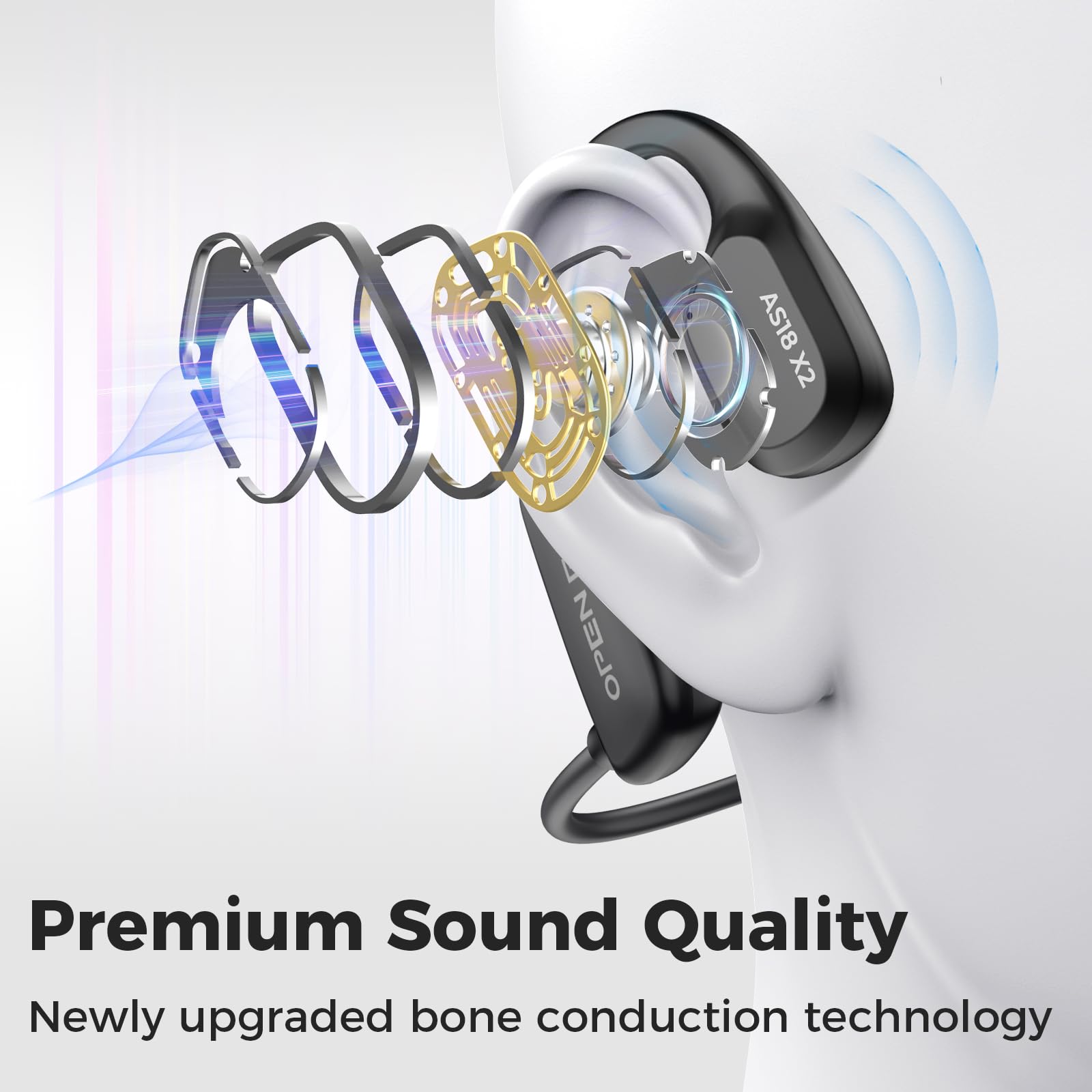 AHEYE Bone Conduction Headphones, AS18, Bluetooth 5.3, IP68 Waterproof, 16G Storage, 8H Playtime, Open Ear, Black