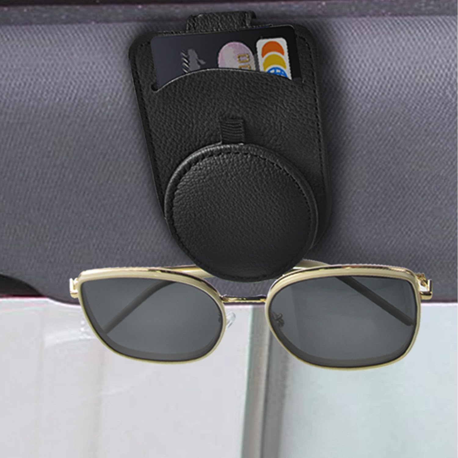 sicotool Sunglass Holder for Car Visor, Magnetic Leather Eyeglass Holder and Ticket Card Clip, Black Sunglasses Clip Car Accessories Interior for Woman Man