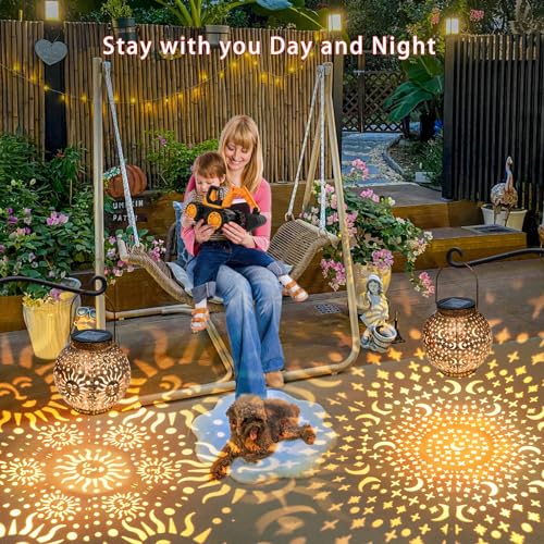 Go2garden 2Pack Solar Lanterns Outdoor Waterproof Garden Gifts for Mom Moon Star Sun Solar Lights for Balcony, Yard,Birthday Mothers Day Gifts for Grandma Wife (Bronze)