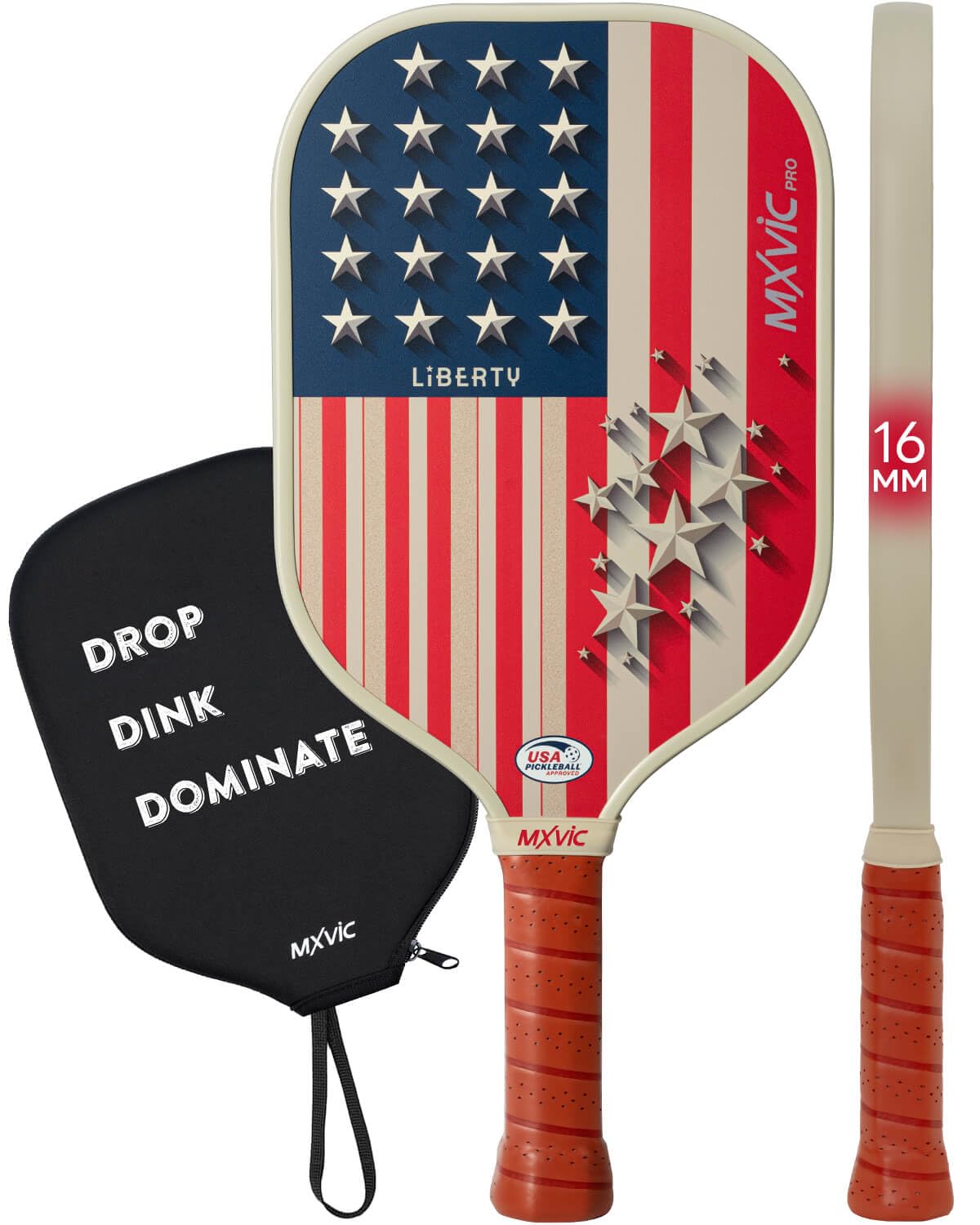 MXVIC 16mm Pickleball-Paddle, T700 Carbon-Fiber Surface (CFS) with High Grit & Spin, USAPA Approved Power and Control Paddle with Cover | 2024 American Flag Pickle-Ball Racket for Intermediate, Pro