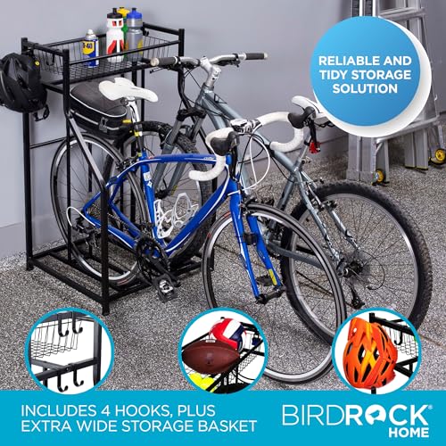 BIRDROCK HOME Bike Rack Garage Storage Floor Stand - Freestanding Organizer for Outdoor Yard - Upright Wall Mount for Scooters, Rakes, Motorcycles, Hoverboards, Gloves - Holds 2 Bicycle - Black