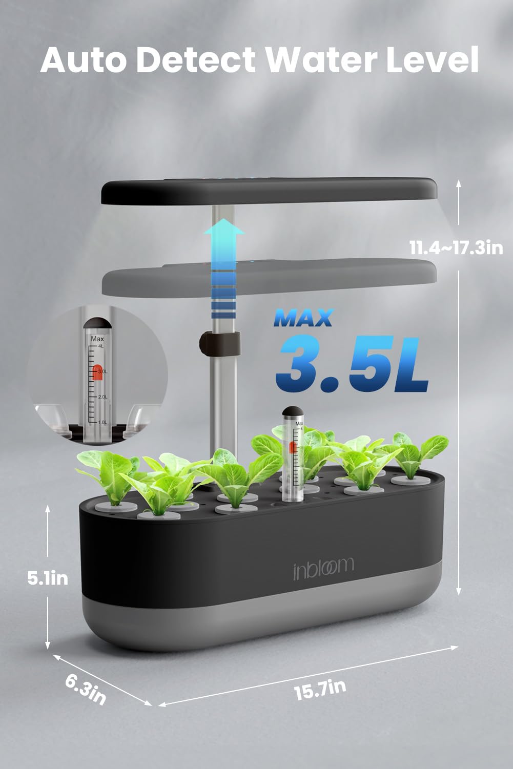 inbloom 12 Pods Hydroponics Growing System Kit, Herb Garden Planter Indoor Kit, Indoor Gardening Hydroponics Growing System with Pods, 4.2L Water Pump, Height Adjustable, Gifts for Woman, Black