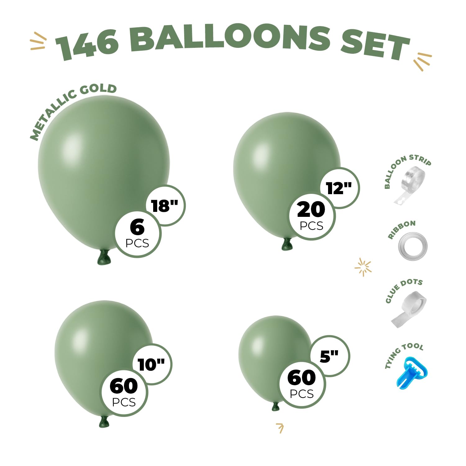 Balloon Garland Arch Kit – 146 Pcs Sage Green Balloons & Baby Shower Boxes with Letters – White Boxes with Sage-Green, Gold, Gold Confetti, and White Balloons