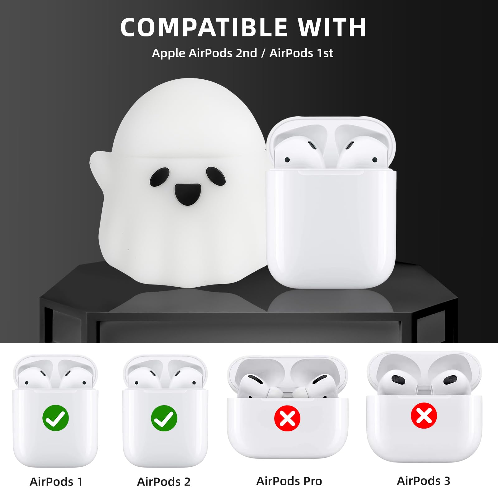 Compatible with AirPods 2nd/1st Generation Case, Glow in The Dark Funny 3D Ghost Case for Airpods 2/1 with Cleaner Kit, Cute Soft Silicone Protective Skin AirPods Case for Women Men Girls Boys