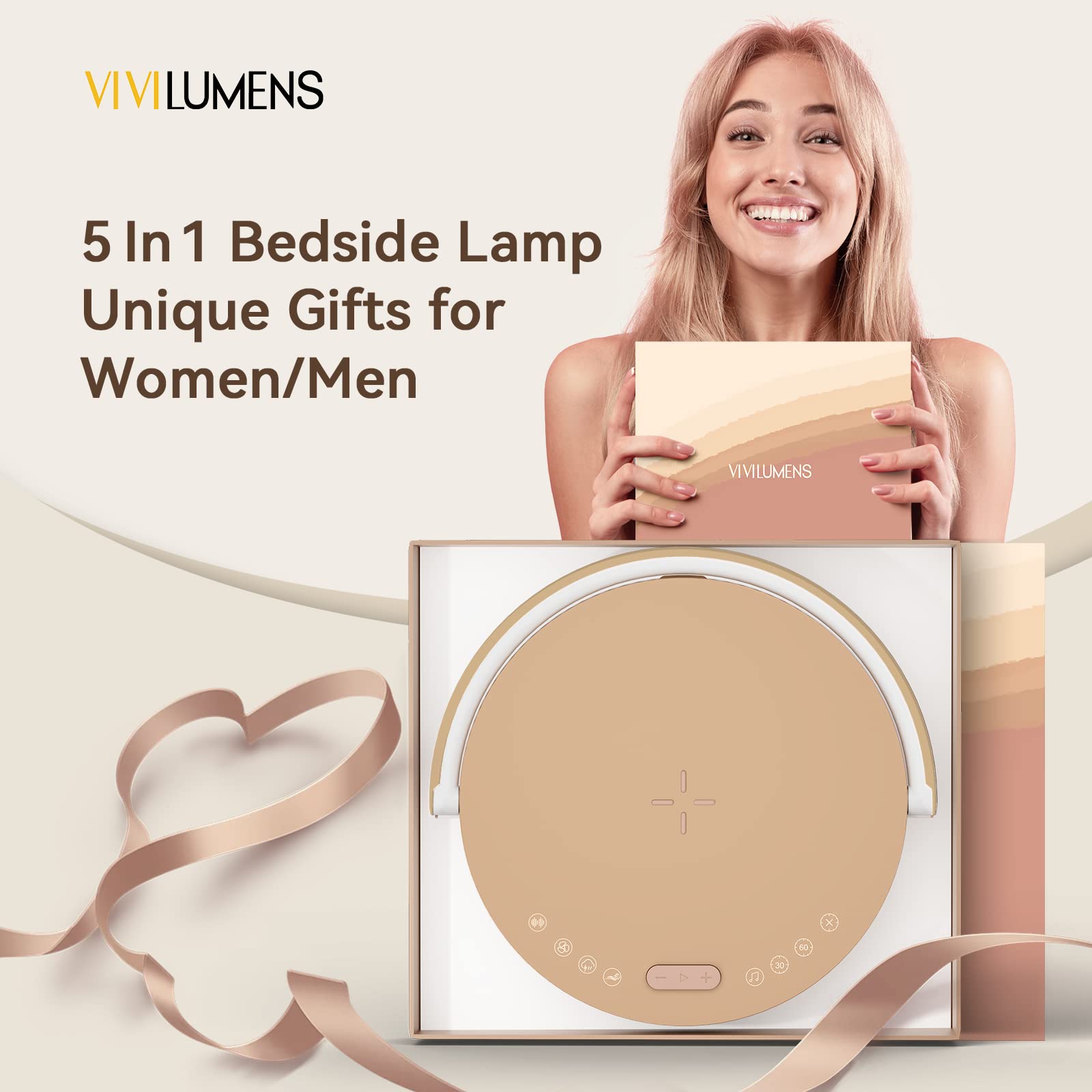 Vivilumens Birthday Gifts for Women, 5 in 1 Bedside Lamps with Wireless Charger Bluetooth Speaker White Noise Machine, Dimmable Touch lamp with Phone Holder, Personalized Night Light (Rosy Beige