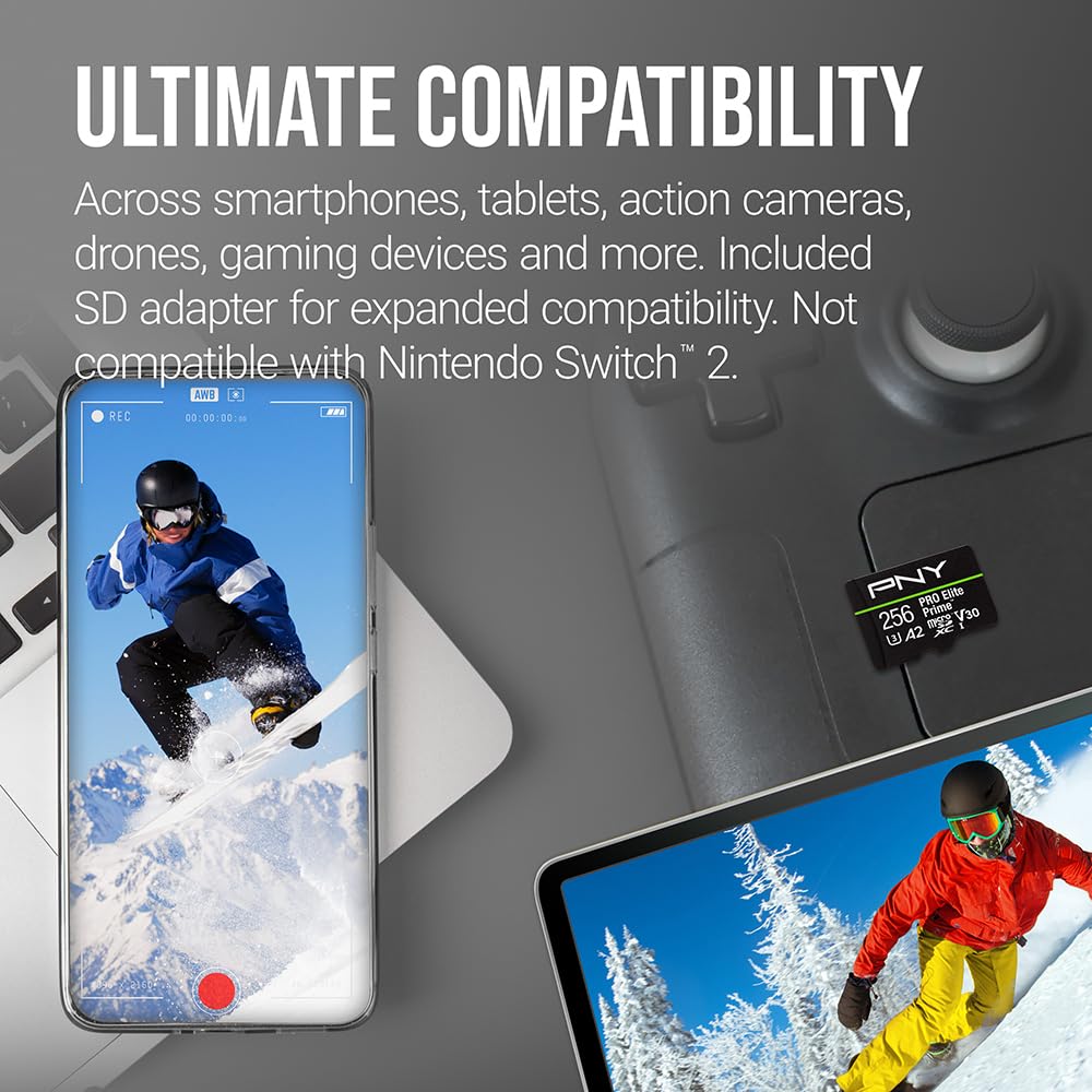PNY 256GB PRO Elite Prime™ C10 U3 V30 A2 microSDXC Flash Memory Card – Ultra-Fast Speeds, Read 200MB/s, Write 150MB/s, 4K UHD, Full HD, UHS-I, for Smartphones, Drones, Action Cameras
