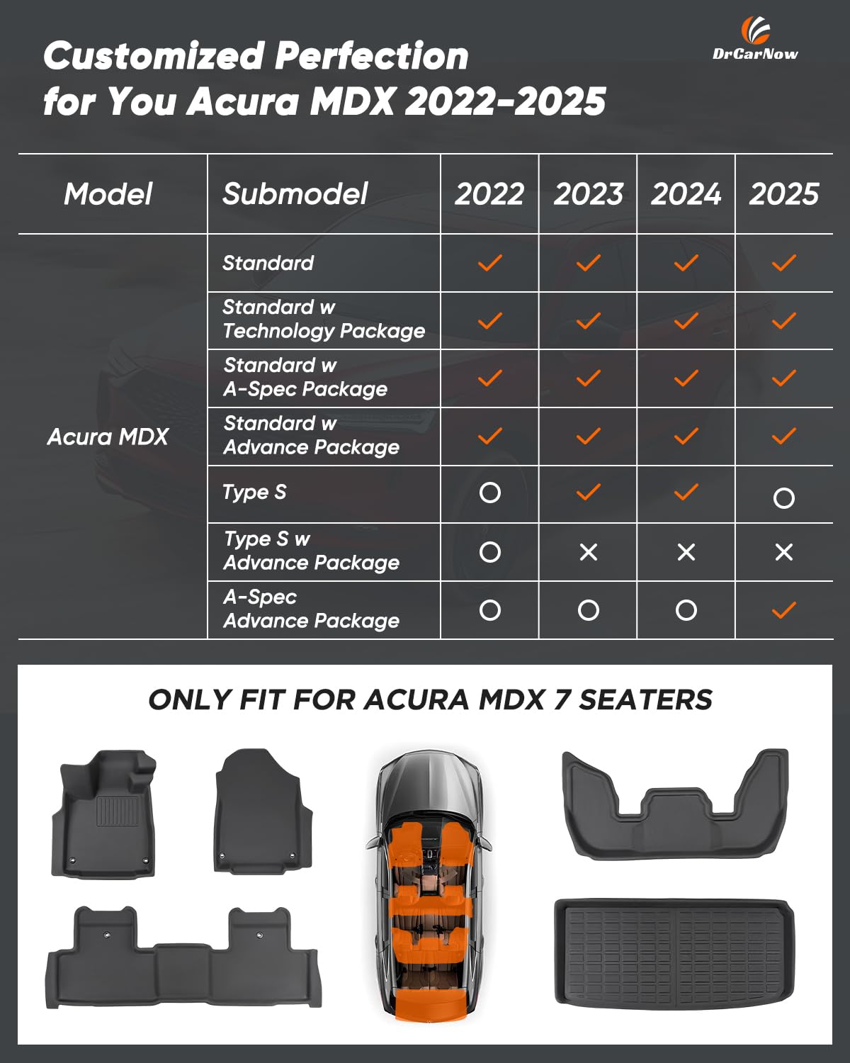 Drcarnow for Acura MDX Floor Mats 2025 2024 2023 2022, Custom Fit 7 Seat 3 Rows with Cargo Liner,All Weather Guard Waterproof Car Mats TPE Rubber Floor Liners Full Set for MDX 2022-2025 Accessories